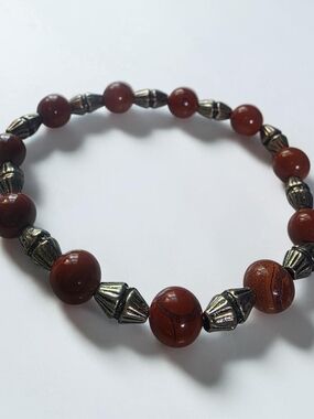 Red Jasper and Antique Silver Beaded Stretch Bracelet